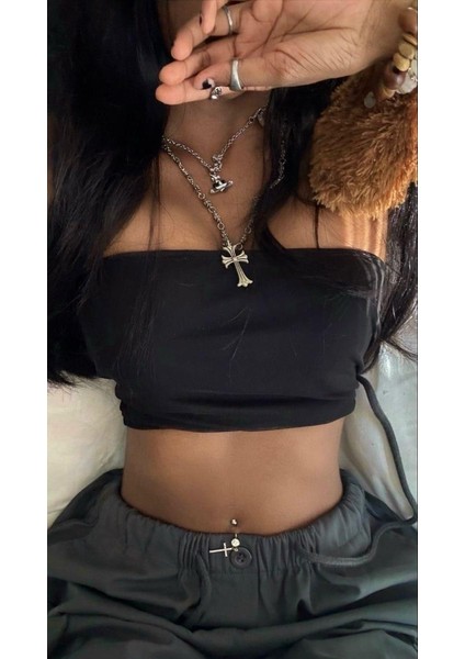 Siyah Likralı Pamuklu Penye Straplez