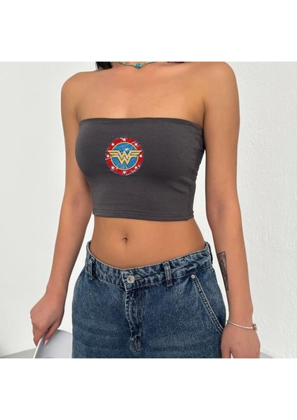 Wonder Women Baskılı Likralı Pamuklu Penye Straplez