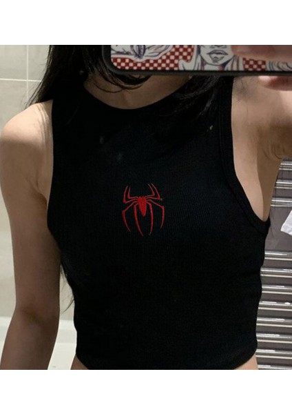 Spider Nakışlı Siyah Halter Yaka Kaşkorse Crop Top