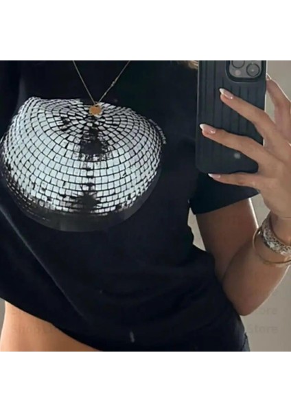 Vintage Disco Ball Baskılı Crop Bluz