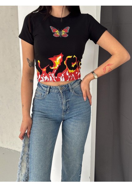 Butterfly Baskılı Siyah Crop