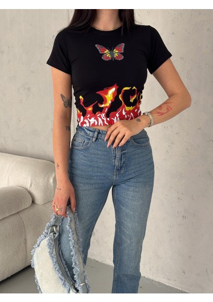 Butterfly Baskılı Siyah Crop fiyatları