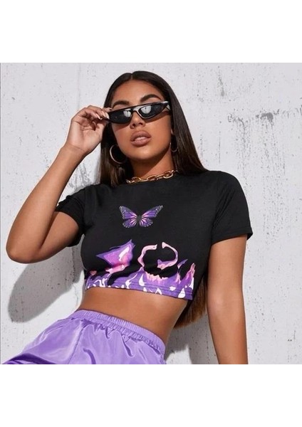 Butterfly Baskılı Siyah Crop