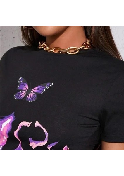 Butterfly Baskılı Siyah Crop fiyatları
