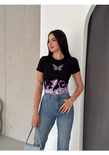 Butterfly Baskılı Siyah Crop fırsatları