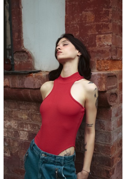 Kırmızı Basic Fitilli Detail Crop Bluz