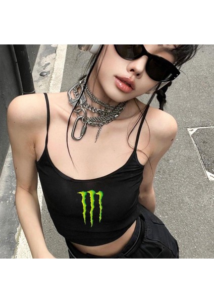 Siyah Baskılı Kadın Ip Askılı Büstiyer Crop