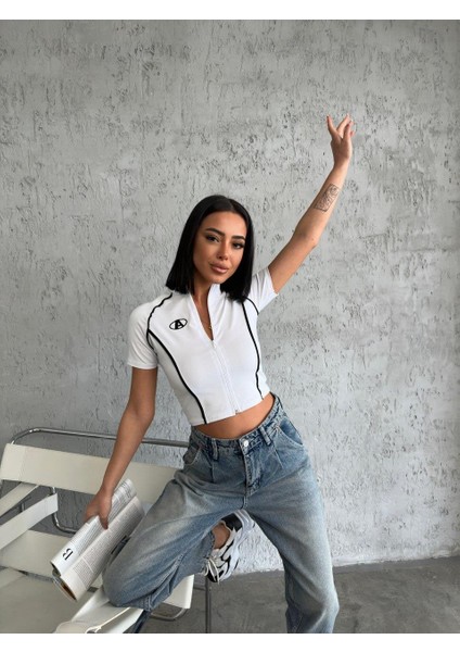 Y2K Zip Fermuarlı Siyah Crop