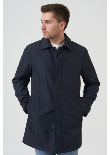 Slim Fit Kaban Pardesu Polyester Erkek Midi Uzun Kol Laci Renk Düz Desen