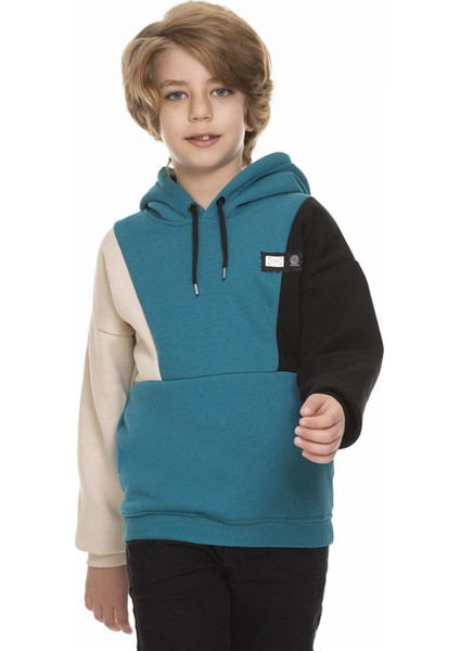Kapüşonlu Parçalı 3 Ip Erkek Çocuk Sweatshirt Petrol