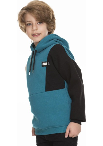 Kapüşonlu Parçalı 3 Ip Erkek Çocuk Sweatshirt Petrol modelleri