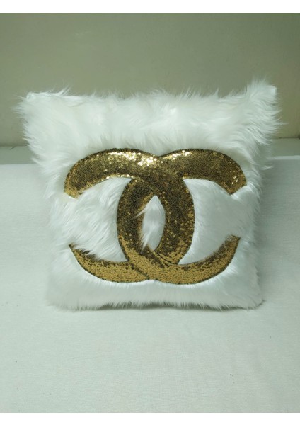 Peluş Kırlent Kılıfı - (Beyaz Peluş-Gold)