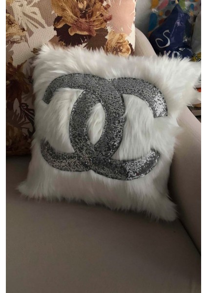 Peluş Kırlent Kılıfı - (Beyaz Peluş-Gümüş)