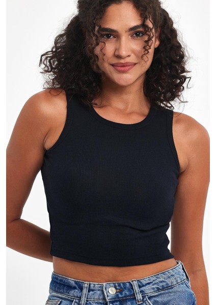 Kadın Lacivert Fitilli Görünümlü Askılı Kalın Esnek Örme Basic Crop Atlet Bluz CMRB93 fırsatları