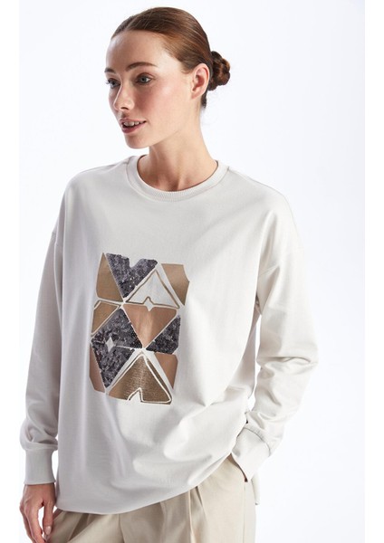 Classic Bisiklet Yaka Baskılı Uzun Kollu Oversize Kadın Tunik