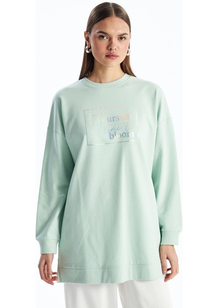 Modest Bisiklet Yaka Baskılı Kadın Sweatshirt Tunik
