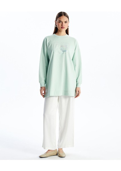 Modest Bisiklet Yaka Baskılı Kadın Sweatshirt Tunik