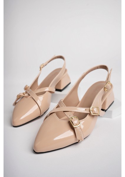 BA04532 Ten Kadın Rugan Çapraz Kemer Tokalı Günlük 4cm Topuklu Ayakkabı - Ten - 39 modelleri