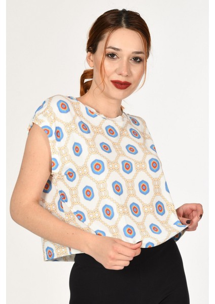 Desenli Kısa Kollu Bluz - Beyaz Beyaz - M