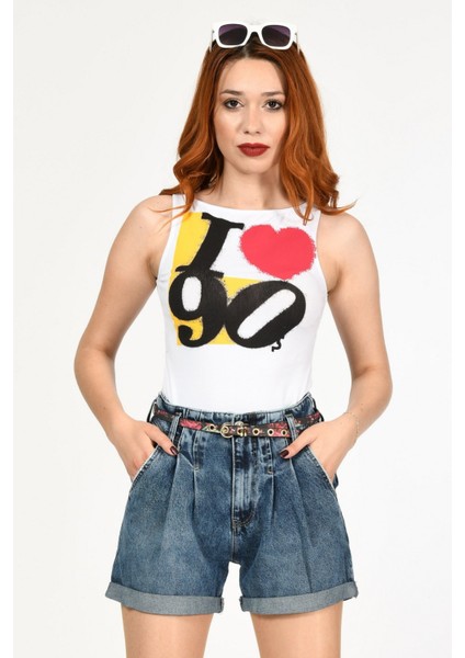 I Love 90 Baskılı Kolsuz Basic Tişört - Beyaz Beyaz - M