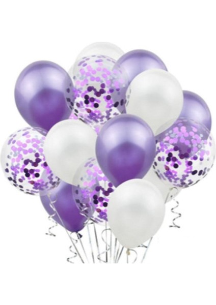 Mor Konfetili Şeffaf Balon Ve mor Beyaz Balon Seti 20 Adet