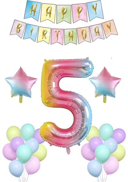 Gökkuşağı 5 yaş Doğum Günü Parti Süsleme seti; Gökkuşağı Rakam,yıldız Folyo, Banner ve 15 Adet Balon Süsleme Seti