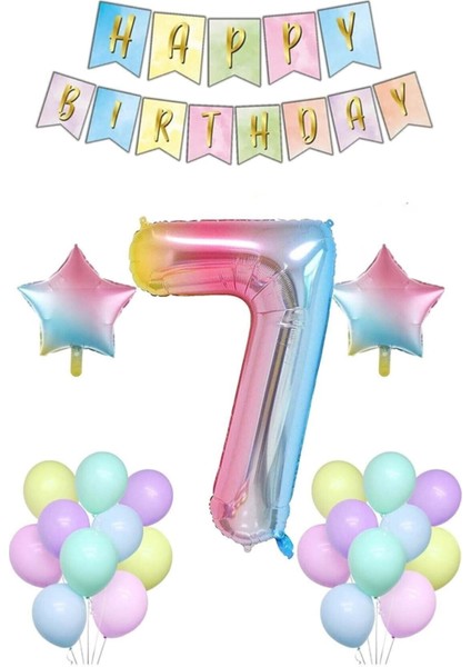 Gökkuşağı 7 yaş Doğum Günü Parti Süsleme seti; Gökkuşağı Rakam,yıldız Folyo, Banner ve 15 Adet Balon Süsleme Seti