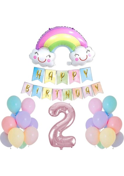 Makaron Gökkuşağı Doğum Günü 2 Yaş Parti Seti,rakam,gökkuşağı Folyo,banner ve 15 Adet Balon