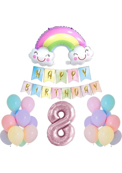 Makaron Gökkuşağı Doğum Günü 8 yaş Parti Seti,rakam,gökkuşağı Folyo,banner ve 15 Adet Balon