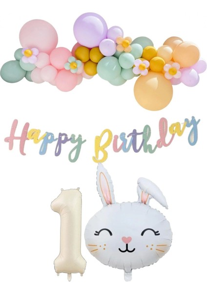 Tavşan Folyo Balonlu 1 Yaş Balonlu Doğum Günü Konsept Parti Seti Kutlama Eğlence