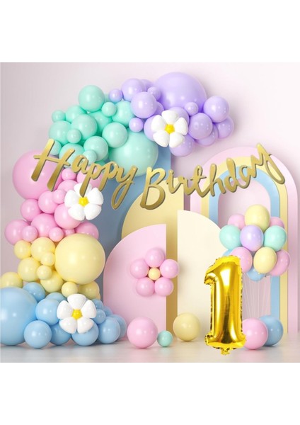 Makaron Balonlar 1 Yaş Doğum Günü Konsepti Rakam Folyo Banner ve 50 Balonlu Süsleme Seti Parti Eğlence Kutlama