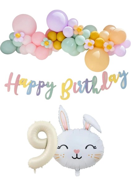 Tavşan Folyo Balonlu 9 Yaş Balonlu Doğum Günü Konsept Parti Seti Kutlama Eğlence