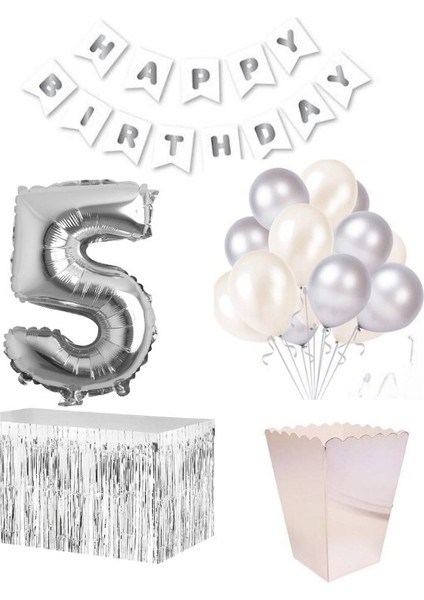 5 Yaş Beyaz Gümüş Balon Rakam Folyo Banner Mısır Kutusu Masa Eteği Doğum Günü Parti Seti