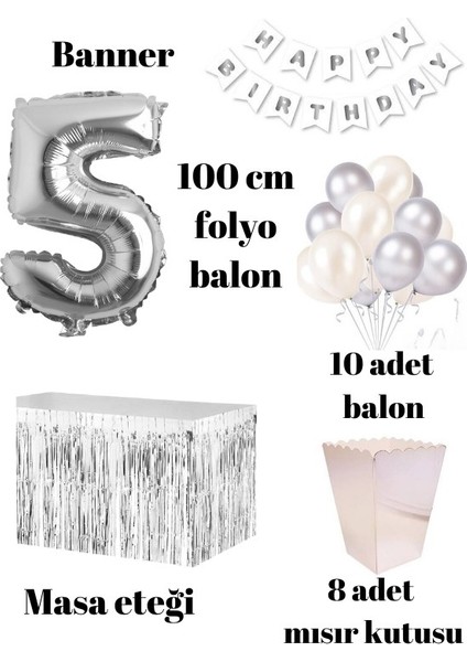 5 Yaş Beyaz Gümüş Balon Rakam Folyo Banner Mısır Kutusu Masa Eteği Doğum Günü Parti Seti fiyatları