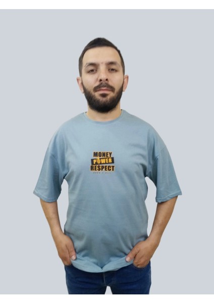Erkek Respect Oversize Bisiklet Yaka Mavi Tişört