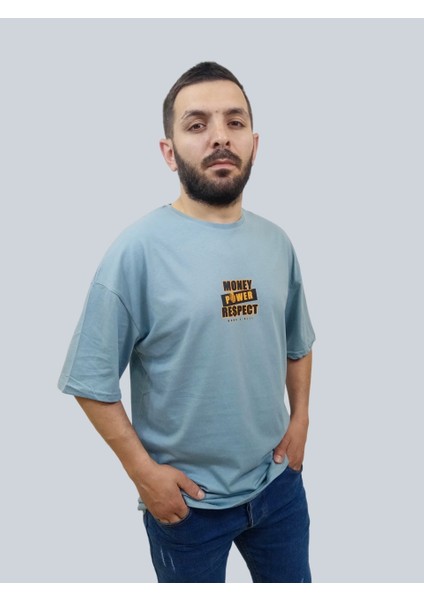 Erkek Respect Oversize Bisiklet Yaka Mavi Tişört