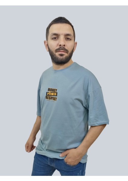 Erkek Respect Oversize Bisiklet Yaka Mavi Tişört