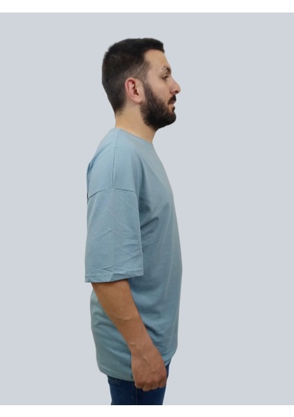 Erkek Respect Oversize Bisiklet Yaka Mavi Tişört