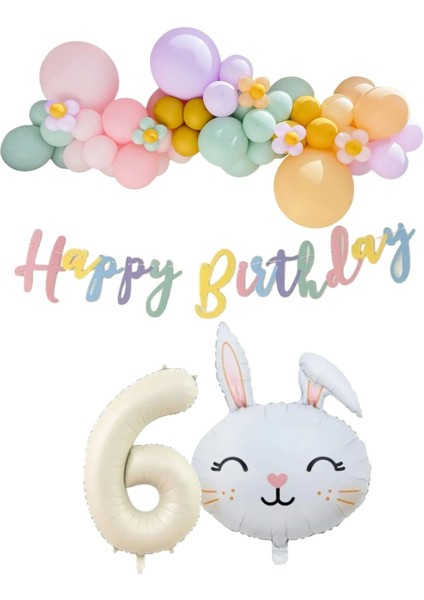 Tavşan Folyo Balonlu 6 Yaş Balonlu Doğum Günü Konsept Parti Seti Kutlama Eğlence