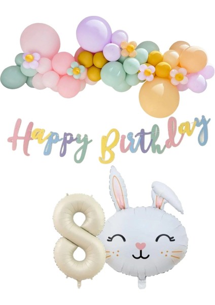 Tavşan Folyo Balonlu 8 Yaş Balonlu Doğum Günü Konsept Parti Seti Kutlama Eğlence