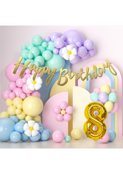 Makaron Balonlar 8 yaş Doğum Günü Konsepti Rakam Folyo Banner ve 50 Balonlu Süsleme Seti Parti Eğlence Kutlama