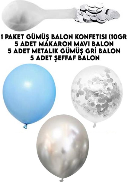 Gümüş Konfetili Şeffaf Balon Ve gümüş Mavi Balon Seti 20 Adet