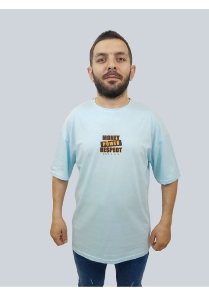 Erkek Respect Oversize Bisiklet Yaka Buz Mavisi Tişört