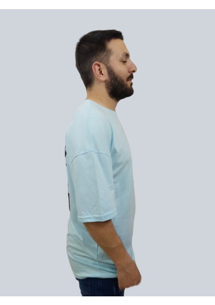Erkek Respect Oversize Bisiklet Yaka Buz Mavisi Tişört modelleri