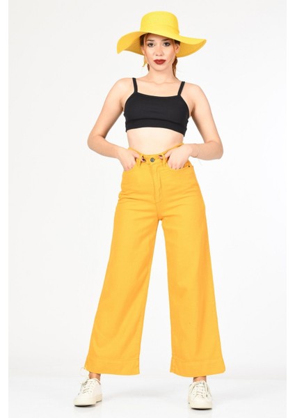 Geniş Paça Yüksek Bel Pantolon - Hardal Hardal - 28