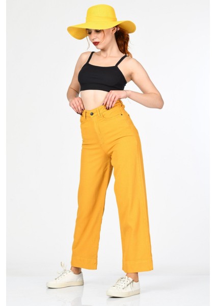 Geniş Paça Yüksek Bel Pantolon - Hardal Hardal - 28 modelleri