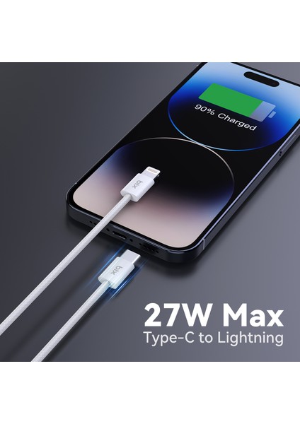 BX03CL 27W Type-C To Lightning iPhone Örgülü Data ve Şarj Kablosu Beyaz 1 Metre