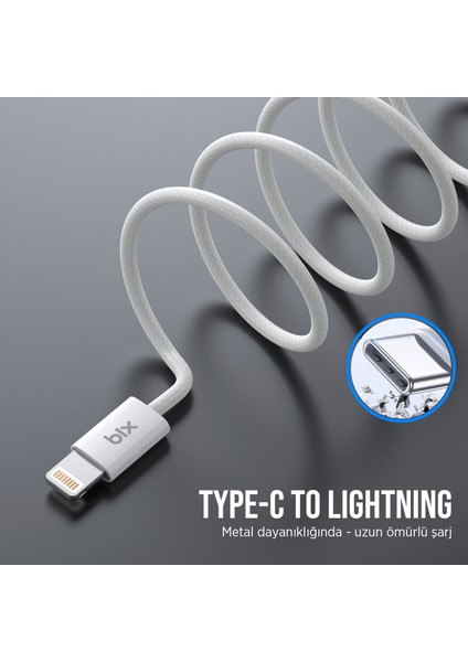 BX03CL 27W Type-C To Lightning iPhone Örgülü Data ve Şarj Kablosu Beyaz 1 Metre