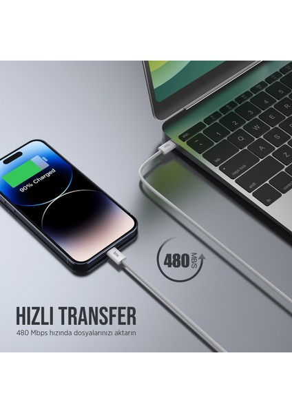 BX03CL 27W Type-C To Lightning iPhone Örgülü Data ve Şarj Kablosu Beyaz 1 Metre