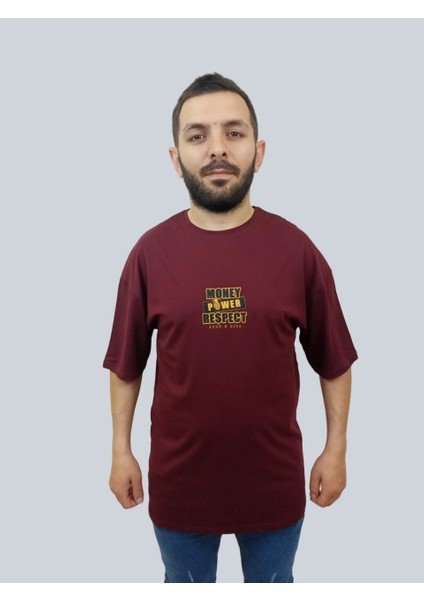 Erkek Respect Oversize Bisiklet Yaka Bordo Tişört